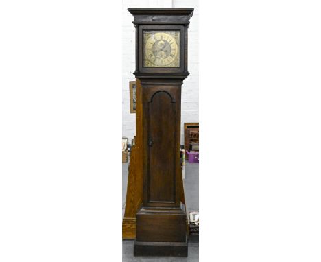 A George II eight day oak longcase clock, Joseph Kirk Nottingham, the 12" brass dial with subsidiary dial and date aperture, 