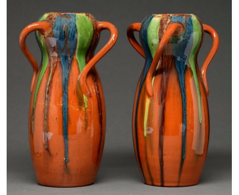 A pair of Belgian art pottery three handled vases, c1910, with bulbous neck, 31cm h  Undamaged