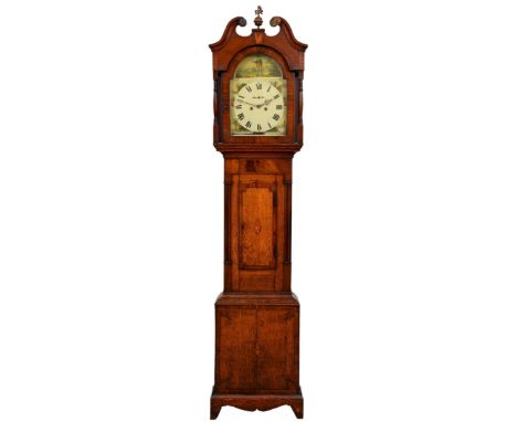 A Victorian oak and mahogany eight day longcase clock, the painted dial with brass ringed winding squares and landscape spand