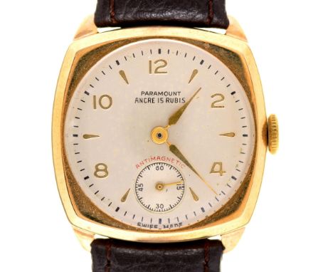A Paramount 9ct gold cushion shaped gentleman's wristwatch, 28 x 28mm, Birmingham 1952  Working order, not unduly worn, only 