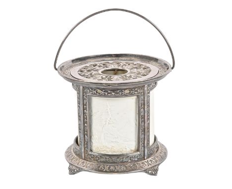 A cast and plated iron lithophane candle light of lantern form, early&nbsp;20th c,&nbsp;with two mountain scenes, 13cm h excl