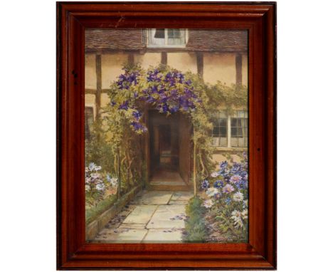 Miscellaneous Victorian and later watercolours, prints and needlework pictures, including an Art Nouveau signed painted on bo