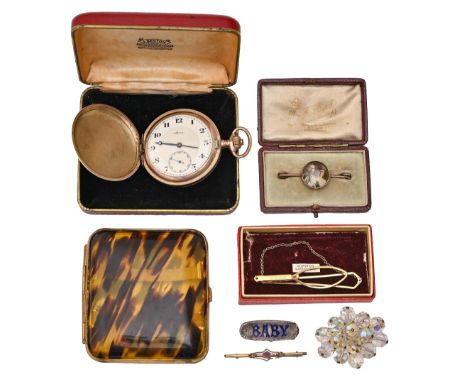 A gem set gold bar brooch, 49mm l, marked 9ct, 1.3g, an Edwardian silver and blue enamel BABY brooch, a gold plated hunting c