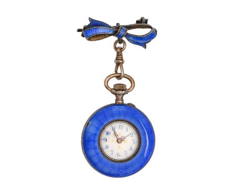A Swiss silver and blue guilloche enamel keyless cylinder lady's watch and matching lapel brooch, early 20th c, watch 30mm di