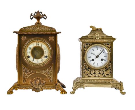 An ornate cast brass mantel clock, British United Clock Co Ltd, Birmingham movement, early 20th c,&nbsp;of pillar shape on ou