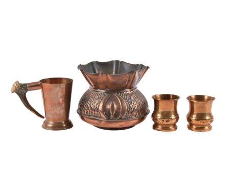 Miscellaneous Victorian and later copper and other metalware, including Art Nouveau style trays, ashtrays, jardiniere, antler