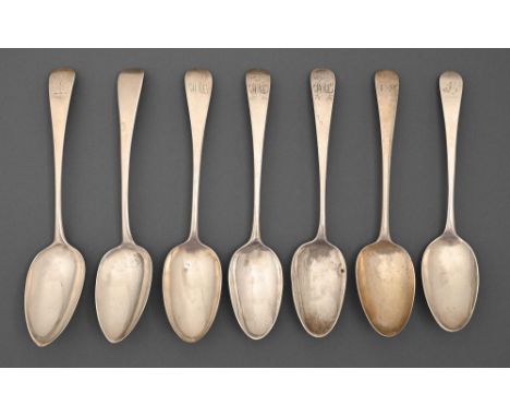Five and a pair of George III silver tablespoons, Old English pattern, all London, by various makers, 14ozs 7dwts  All in the