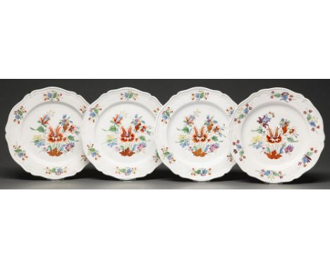 Four Doccia Tulipano pattern plates, c1770, each enamelled in a bright palette and gilt, 23.5cm diam, painter's No 14 to thre