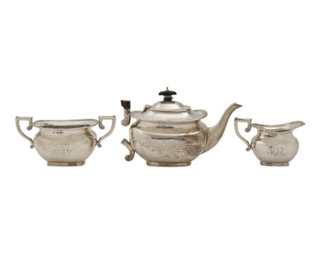 A Victorian silver bachelor's tea service, teapot 12cm h, by James Deakin &amp; Sons, Chester 1899, 17ozs 5dwts (3)  Worn and