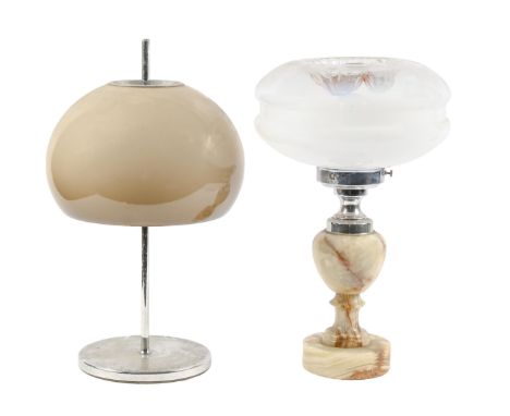 A mid-century chromium plated table lamp, with mushroom glass shade, 50cm h and a contemporary alabaster table lamp with smok