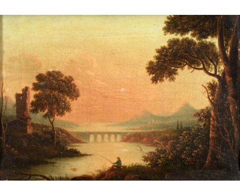 19th c follower of Sebastian Pether (1790-1844) - Sunrise over a Mountainous Lake Landscape with an Angler to Fore; Figure on