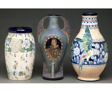 Czechoslovakian ceramics. Three Amphora art pottery vases, early 20th c, one decorated with a portrait, 33-44cm h, green prin