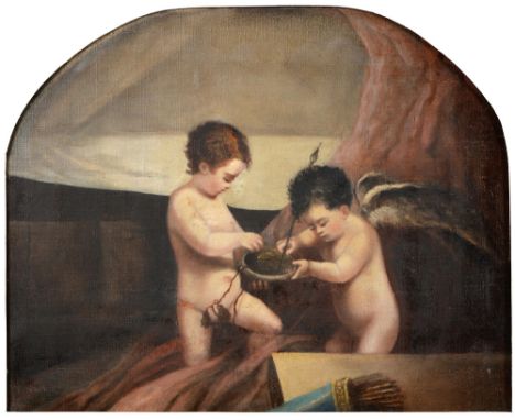 English School, second quarter 19th c - Allegorical Amorini, oil on canvas, 47 x 59.5cm, feigned arch gilt mount  One patched