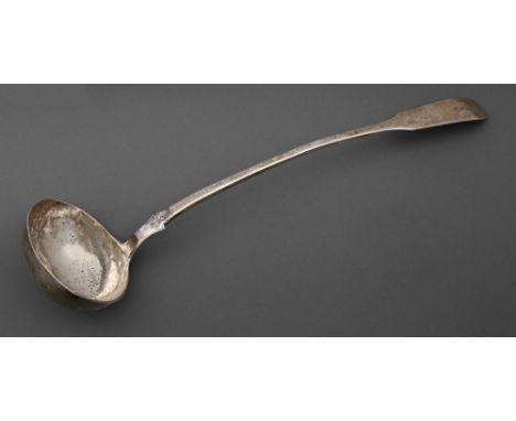 A Continental silver soup ladle, early 19th c, Fiddle pattern, maker's mark IL, struck twice and flower, 8ozs 5dwts  Slight p