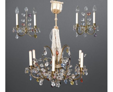 An Austrian brass, glass and coloured glass chandelier and wall lights en suite, J L Lobmeyr Wien, mid 20th c, the chandelier