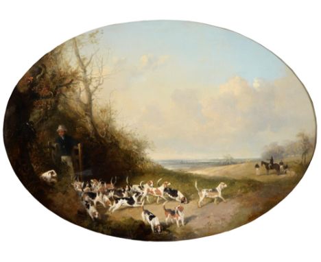Edward Robert Smythe (1810-1899) - "With Silence led by many coloured hounds in all their beauties pride", oil on canvas, ova