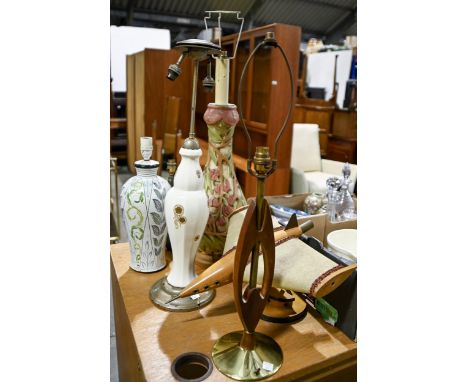 A mid-century teak table lamp in the form of a jet, 45 x 42cm and five other various contemporary table lamps  