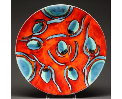A Poole Pottery peacock charger designed by Anita Harris, late 20th c, 40.5cm diam, printed leaping dolphin mark  Undamaged