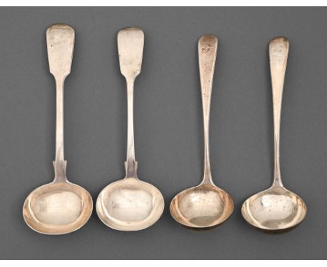 Two pairs of George III and Victorian silver sauce ladles, Old English and Fiddle patterns, both London, by Peter, Ann and Wi