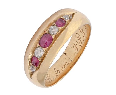 A Victorian ruby and diamond ring, in gold, engraved To EMR from JPJ Feb 28th 1890, 4.9g, size L  Light wear, stones clean an