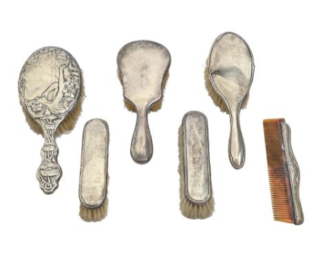 Five Edwardian and later silver hair and other brushes and a comb  Faults