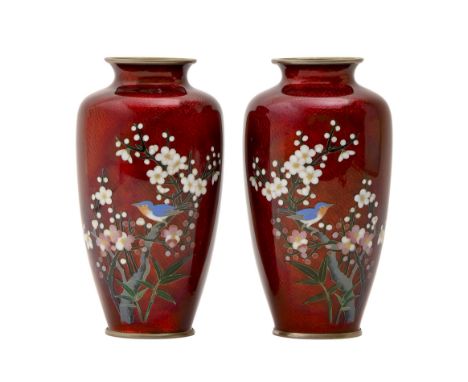 A pair of Japanese cloisonne enamel baluster vases, 20th c,&nbsp;with kingfishers and cherry blossom, 18.5cm h  Good conditio