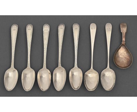 A set of five George III silver teaspoons, Feather Edge pattern, part marked, London 1784 and three others, including a caddy