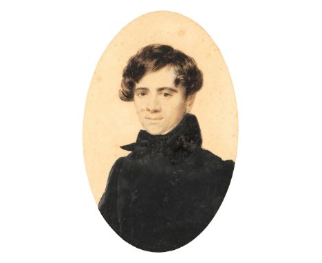French School, second half 19th c - Portrait of a Gentleman, head-and-shoulders length, watercolour and gouache, oval, 14.5cm