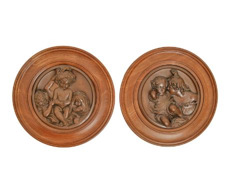 A pair of 19th c bronzed electrotype bas relief roundels by E.W. Wyon, Published 1840 and 1848, Art after Sir Joshua Reynolds