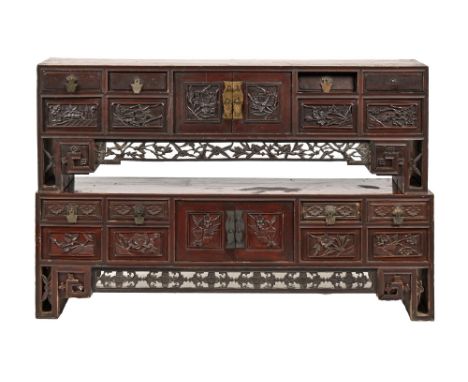 A pair of Chinese carved and stained wood cabinets, first half 20th c, 34cm h; 108 x 25cm  
