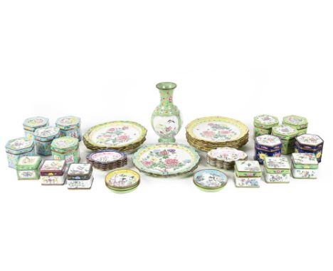 A collection of Chinese Canton painted enamel boxes, plates, dishes and a vase, 20th c, approximately 47 