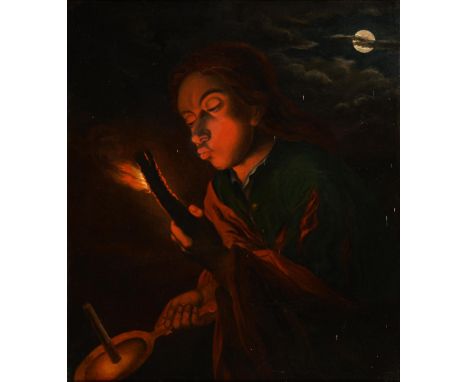 After Godfried Schalcken - A Boy Blowing on a Firebrand to Light a Candle, oil on canvas, 69.5 x 60cm  Relined, and with some