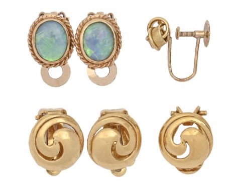 One and a pair of matching 9ct gold ear clips, 10mm, a gold knot earring and a pair of opal doublet ear clips, in gold marked