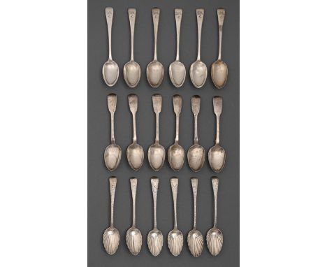 A composed set of six George III silver teaspoons, bright cut with shell bowl, all London, by various makers, 1802, 1807 and 