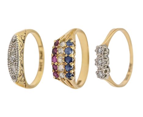 A ruby, sapphire and diamond three row ring, early 20th c, in gold marked 18ct and two diamond rings, gold hoop, each marked 