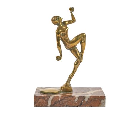 An Art Deco brass figure of a dancing woman, on marble base, indistinctly stamped DONNOV, 18cm h  