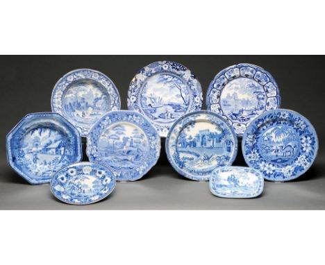 Nine English blue printed earthenware plates and stands, first half 19th c, including Brameld and Rogers examples, impressed 