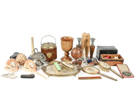 Miscellaneous Victorian and later bygones, including a papier mache tea caddy, carved shells, candlesticks, chess set, etc  