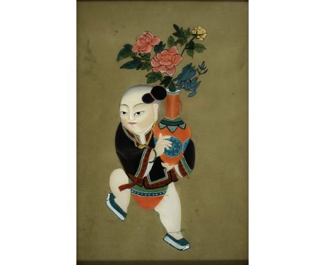 Two Chinese glass paintings of a woman with a scroll and a boy carrying a vase of flowers, 20th c, 44 x 29cm, framed  Undamag