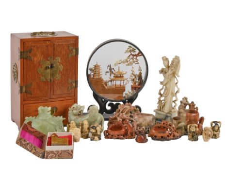 Miscellaneous Chinese and Japanese works of art, to include soapstone carvings, a seal, brass mounted wood two door table cab