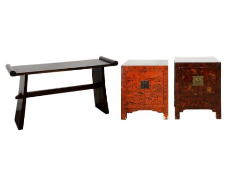 A Chinese lacquered cupboard, mid 20th c, 86cm h; 58 x 38cm and another, smaller and a mahogany scroll end side table, 80cm h