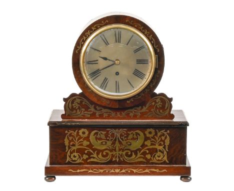 A Victorian brass inlaid rosewood mantel clock, with fusee movement and silvered dial, pendulum and key, 44cm h; 36 x 16cm  N