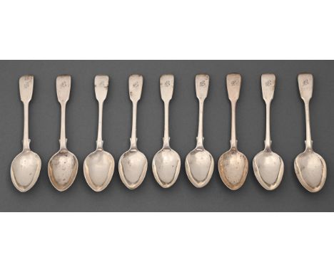 A set of nine Victorian silver teaspoons, Fiddle pattern, by Joseph and Albert Savory, London 1837, 7ozs 11dwts  Light wear