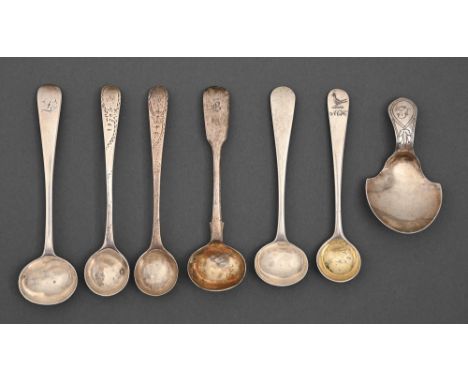 A George III silver caddy spoon, with spade shaped bowl, 70mm l, by Joseph Taylor, Birmingham 1800 and four and a pair of Geo