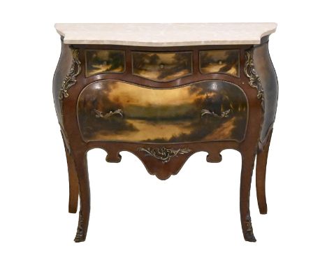 A French mahogany and vernis Martin petite commode, in Louis XV style, 20th c, with gilt lacquered metal mounts and later mar