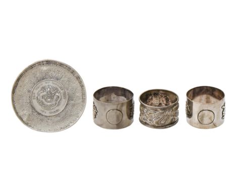 A Chinese silver Chihli Provenance&nbsp;silver dollar 1908 inset ashtray, 78mm diam and one and a pair of contemporary Chines
