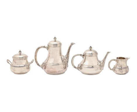 A German silver tea and coffee service, c1900, coffee pot and cover 19.5cm h, by Heimerdinger, maker's mark 950 and crown and