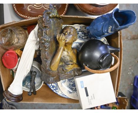 Miscellaneous items, including a 19th c slipware serving dish, 43cm w, a contemporary saltglazed two handled jar, 26cm h, cas