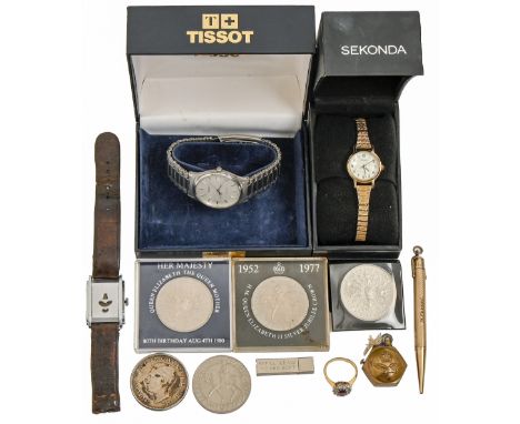 A Tissot gentleman's Seastar wristwatch, boxed, a 1937 Australian crown, a brass trench art cigarette lighter, miscellaneous 