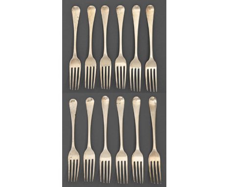 Two sets of six George III silver table forks, Old English pattern, both London, by Eley &amp; Fearn, 1806 and by Eley, Fearn